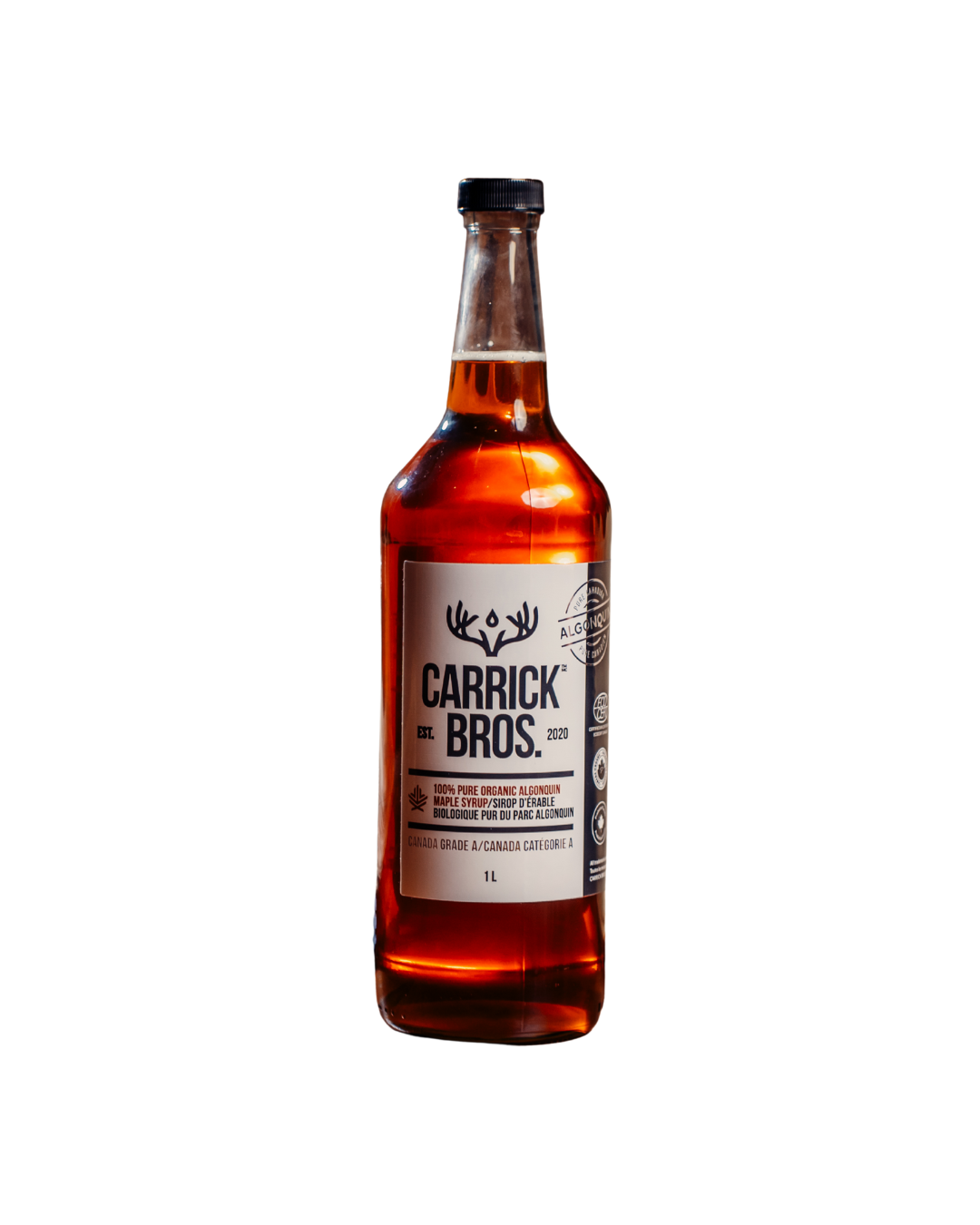 Bottle of Carrick Bros. whiskey on a white background